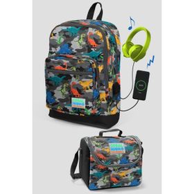 Coral High 23286 Kids Gri Kamuflaj Dinazor Desenli Dört Bölmeli USB Şarjlı Kulaklık Çıkışlı 2'li Çanta Seti Okul Çantası