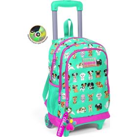 Coral High 23362 Kids Su Yeşili Neon Pembe Köpek Desenli Üç Bölmeli Işıklı Tekerlekli Çekçekli Okul Çantası