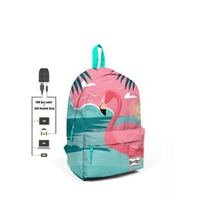 Coral High 23431 Su Yeşili - Pembe Flamingo Usb+Aux Sırt Çantası