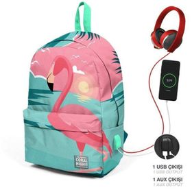 Coral High 23431 Su Yeşili - Pembe Flamingo Usb+Aux Sırt Çantası