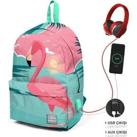 Coral High 23431 Su Yeşili - Pembe Flamingo Usb+Aux Sırt Çantası