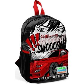 Coral High 23547 Minik Yuva Siyah Kırmızı Anime Araba Desenli Iki Bölmeli Sırt Çantası