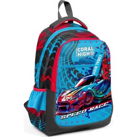 Coral High 23652 Kids Gri Mavi Yarış Arabası Desenli Üç Bölmeli Okul Sırt Çantası