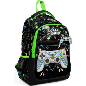 Coral High 23654 Kids Siyah Fosforlu Yeşil Gamer Desenli Üç Bölmeli Okul Sırt Çantası