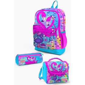 Coral High 23730 - Mavi - Pembe Kids Mavi Pembe Flamingo Desenli 3’Lü Okul Çanta Seti
