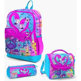 Coral High 23730 - Mavi - Pembe Kids Mavi Pembe Flamingo Desenli 3’Lü Okul Çanta Seti