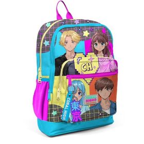 Coral High 23737 Gri Mavi Pembe Anime Desenli Dört Bölmeli Okul Sırt Çantası