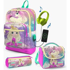 Coral High 23833-MİX3 Kids Pembe Su Yeşili Unicornlu Kız Desenli Usb'li 3’lü Okul Çanta Seti Set