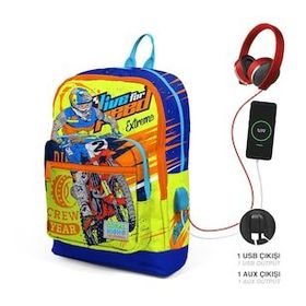 Coral High 23842 Kids Fosforlu Sarı Saks Motorsiklet Desenli Dört Bölmeli Usb'li Okul Sırt Çantası