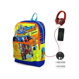 Coral High 23842 Kids Fosforlu Sarı Saks Motorsiklet Desenli Dört Bölmeli Usb'li Okul Sırt Çantası
