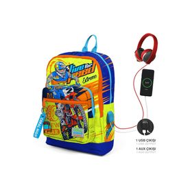 Coral High 23842 Kids Fosforlu Sarı Saks Motorsiklet Desenli Dört Bölmeli Usb'li Okul Sırt Çantası