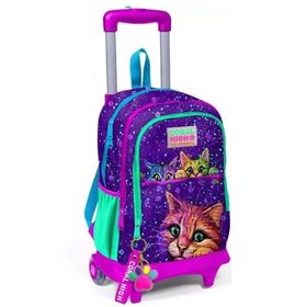 Coral High 23932 Kedi Desenli Işıklı Tekerlek Pembe-Mor Çekçekli Sırt ve Okul Çanta