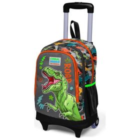 Coral High 23944 Kids Siyah Gri Dinozor Desenli Üç Bölmeli Çekçekli Okul Sırt Çantası