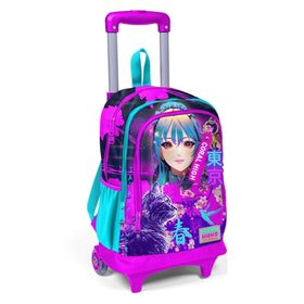 Coral High 23953 Kids Mor Pembe Renk Anime Kedi Desenli Üç Bölmeli Çekçekli Okul Sırt Çantası