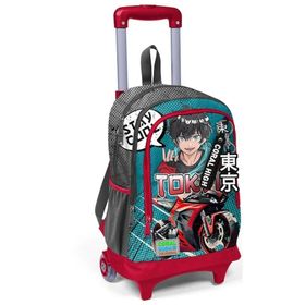 Coral High 23964 Kids Gri Nefti Anime Motorsiklet Desenli Üç Bölmeli Çekçekli Okul Sırt Çantası