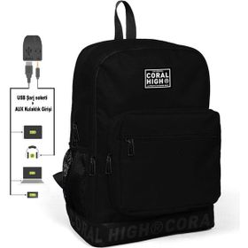 Coral High 24110 Nakış Logolu USB Şarjlı Kulaklık Çıkışlı Siyah Okul Çantası