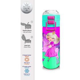 Coral High 31802 500 ml Kids Açık Pembe Mor Unicornlu Prenses Desenli Pipetli ve Direkt İçim Çelik Termos