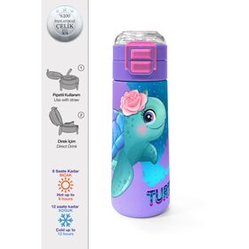 Coral High 31808 500 ml Kids Açık Pembe Mavi Kaplumbağa Desenli Pipetli ve Çelik Termos