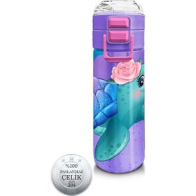 Coral High 31808 500 ml Kids Açık Pembe Mavi Kaplumbağa Desenli Pipetli ve Çelik Termos