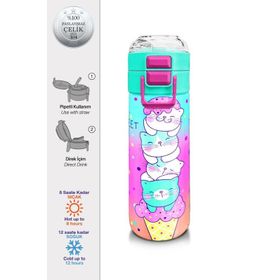 Coral High 31812 500 ml Kids Renkli Dondurmalı Kedi Desenli Pipetli Çelik Termos
