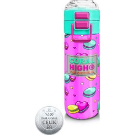 Coral High 31912 500 ml Kids Açık Pembe Su Yeşili Makaron Desenli Pipetli ve Direkt İçim Çelik Termos