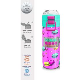 Coral High 31912 500 ml Kids Açık Pembe Su Yeşili Makaron Desenli Pipetli ve Direkt İçim Çelik Termos