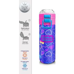 Coral High 31977 500 ml Kids Açık Pembe Lavanta Kalp Desenli Pipetli ve Çelik Termos