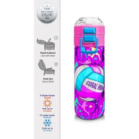 Coral High 500 ml 31795 Kids Pembe Mor Voleybol Desenli Pipetli Çelik Termos