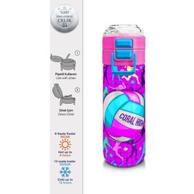 Coral High 500 ml 31795 Kids Pembe Mor Voleybol Desenli Pipetli Çelik Termos