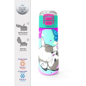 Coral High 500 ml 31796 Kids Su Yeşili Pembe Kedi Desenli Pipetli Çelik Termos