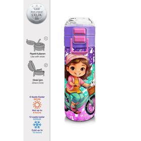 Coral High 500 ml 31797 Kids Mor Pembe Bisikletli Kız Desenli Pipetli Çelik Termos