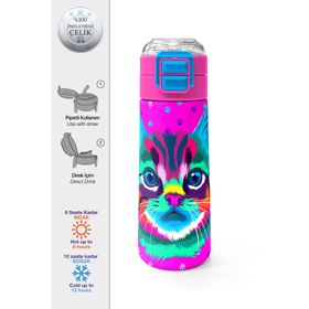 Coral High 500 ml 31800 Kids Mor Pembe Kedi Desenli Pipetli Çelik Termos