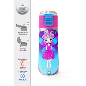 Coral High 500 ml 31803 Kids Pembe Mavi Peri Desenli Pipetli Çelik Termos