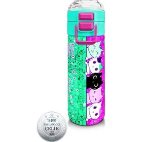 Coral High 500 ml 31806 Kids Pembe Su Yeşili Kedi Desenli Pipetli Çelik Termos