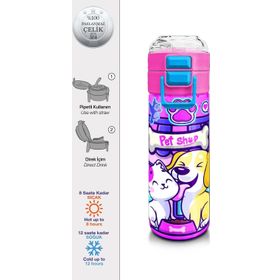 Coral High 500 ml 31810 Kids Kedi Köpek Desenli Pipetli Çelik Termos