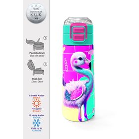 Coral High 500 ml 31811 Kids Pembe Su Yeşili Flamingo Desenli Pipetli Çelik Termos