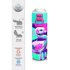 Coral High 500 ml 31811 Kids Pembe Su Yeşili Flamingo Desenli Pipetli Çelik Termos
