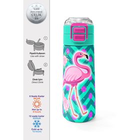 Coral High 500 ml 31820 Kids Su Yeşili Pembe Flamingo Desenli Pipetli Çelik Termos