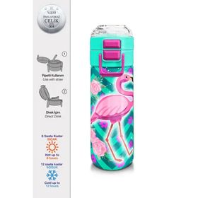 Coral High 500 ml 31820 Kids Su Yeşili Pembe Flamingo Desenli Pipetli Çelik Termos