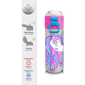 Coral High 500 ml 31821 Kids Pembe Gümüş Unicorn Desenli Pipetli Çelik Termos