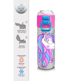 Coral High 500 ml 31821 Kids Pembe Gümüş Unicorn Desenli Pipetli Çelik Termos