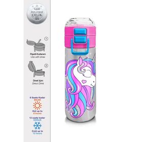 Coral High 500 ml 31821 Kids Pembe Gümüş Unicorn Desenli Pipetli Çelik Termos