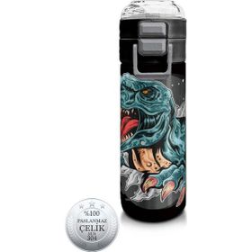 Coral High 500 ml 31822 Kids Koyu Gri Siyah Dinozor Desenli Pipetli Çelik Termos