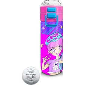 Coral High 500 ml 31831 Kids Mor Pembe Mavi K-Popdesenli Pipetli Çelik Termos