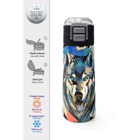 Coral High 500 ml 31832 Kids Gri Siyah Kurt Desenli Pipetli ve Direkt İçim Çelik Termos