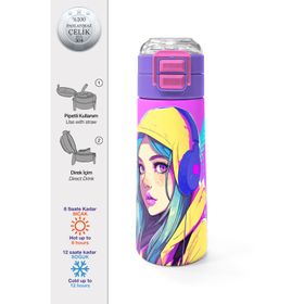 Coral High 500 ml 31835 Kids Lavanta Turkuaz Kulaklı Kız Desenli Pipetli Çelik Termos