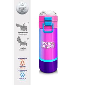 Coral High 500 ml 31836 Kids Renkli Çizgili Pipetli Çelik Termos