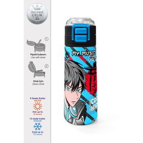 Coral High 500 ml 31840 Kids Siyah Mavi Anime Desenli Pipetli Çelik Termos