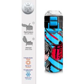 Coral High 500 ml 31840 Kids Siyah Mavi Anime Desenli Pipetli Çelik Termos
