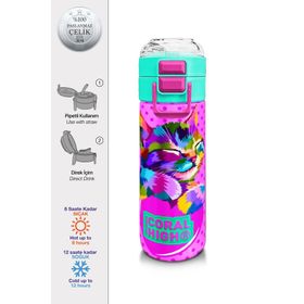 Coral High 500 ml 31842 Kids Pembe Mavi Kedi Desenli Pipetli Çelik Termos